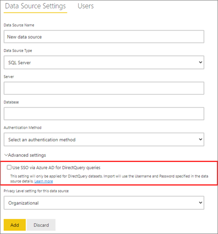 Captura de pantalla de la página de configuración del origen de datos con Usar SSO a través de Microsoft Entra ID para consultas directas resaltadas.