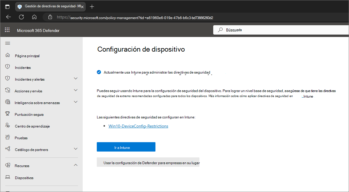 Captura de pantalla que muestra una pantalla que pide al usuario que siga usando Intune o cambie al portal de Microsoft Defender.