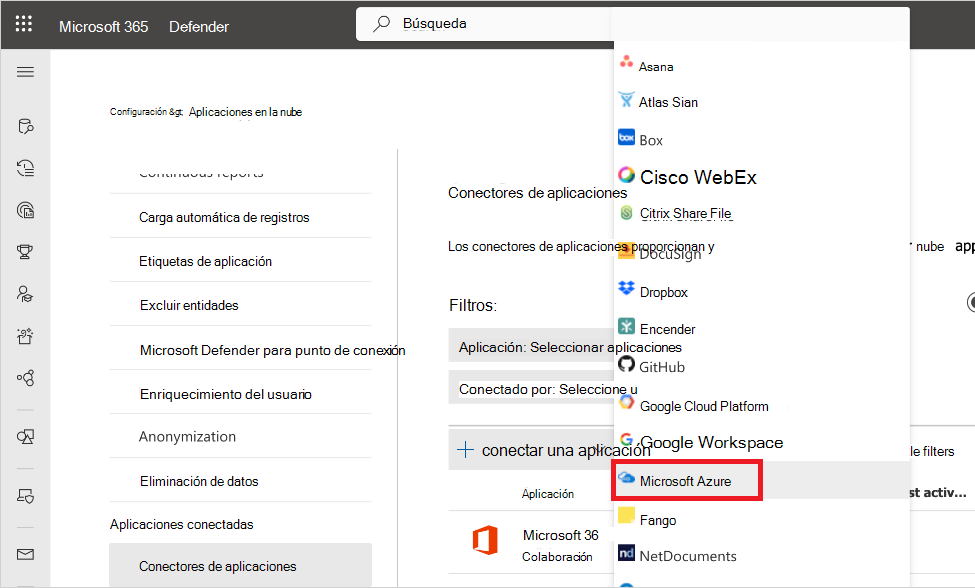 Captura de pantalla que muestra el conector de Azure en el portal de Defender.