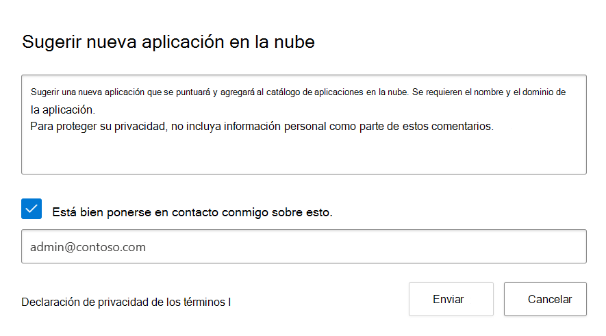 Captura de pantalla que muestra la ventana emergente Sugerir una nueva aplicación 