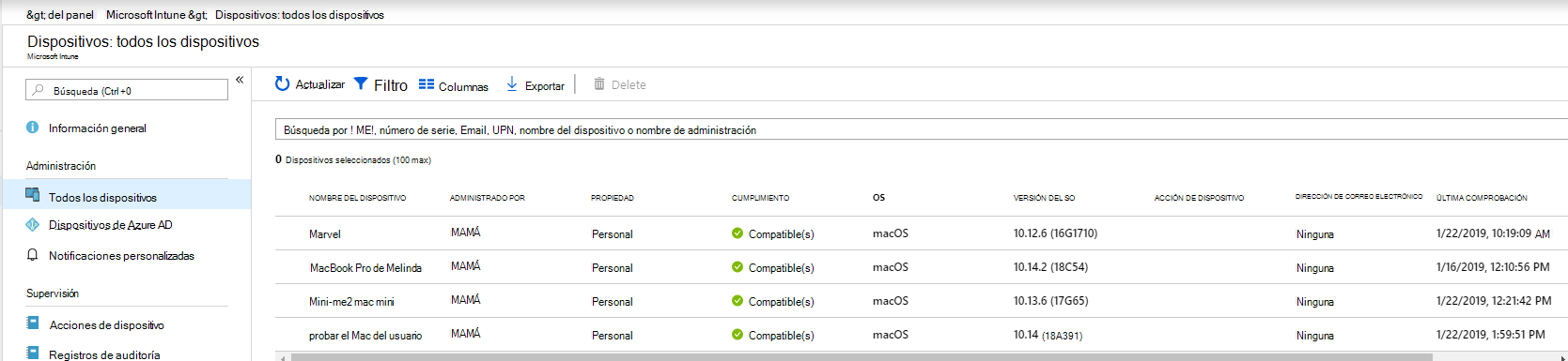 Captura de pantalla que muestra la página Todos los dispositivos.
