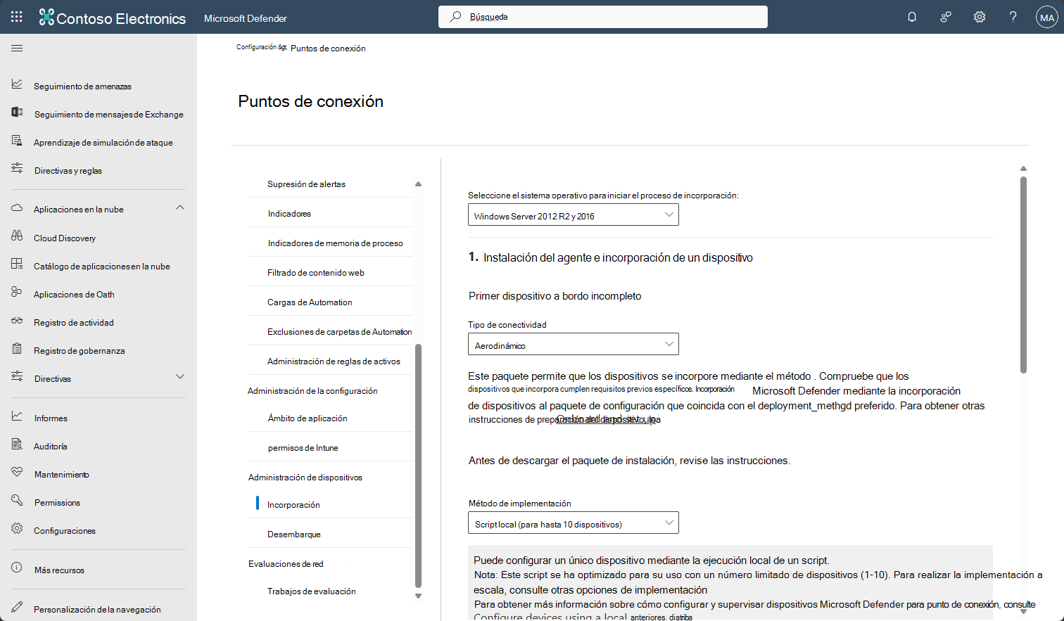 Captura de pantalla que muestra la página de incorporación de dispositivos en Defender para punto de conexión.
