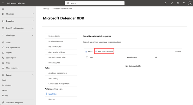 Página Identidades en la configuración de respuesta automatizada para la interrupción de ataques