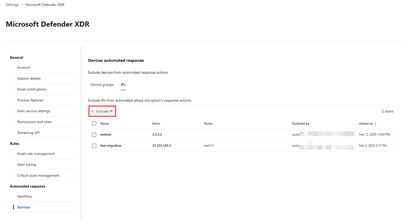 Pestaña Direcciones IP en la configuración de respuesta automatizada para la interrupción de ataques