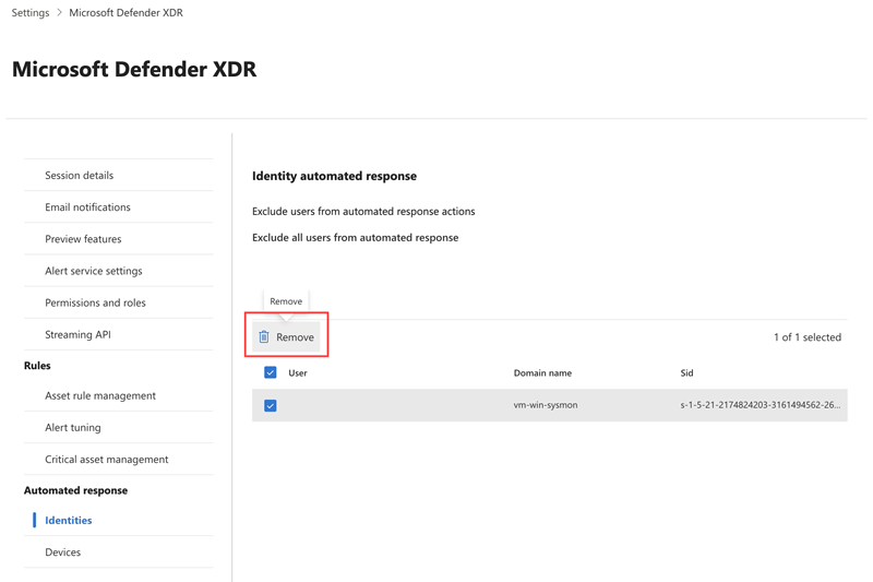 Resaltado de la opción de eliminación al quitar un usuario excluido en la página Identidades de la configuración de automatización de interrupciones de ataque