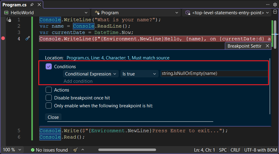 Editor con el panel de configuración de puntos de interrupción: C#