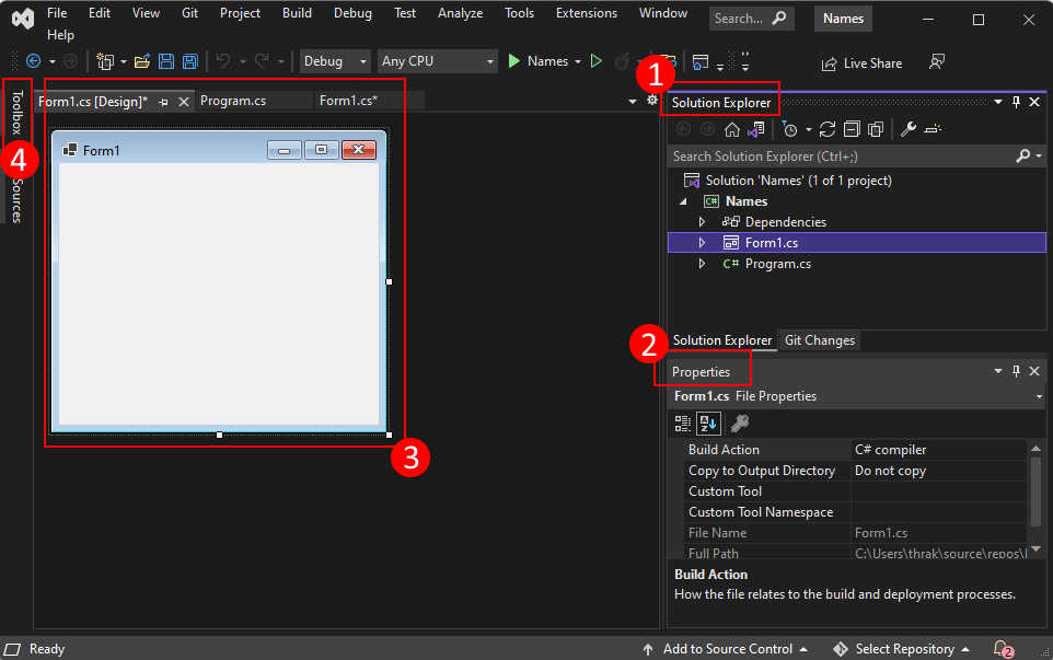 Los componentes importantes de Visual Studio 2022 debe saber al crear un proyecto de Windows Forms para .NET.
