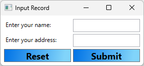 Captura de pantalla de una aplicación WPF con dos cuadros de texto etiquetados como nombre y dirección. Hay dos botones visibles. Un botón se denomina 