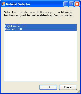 Captura de pantalla que muestra el cuadro de diálogo Selector RuleSet.