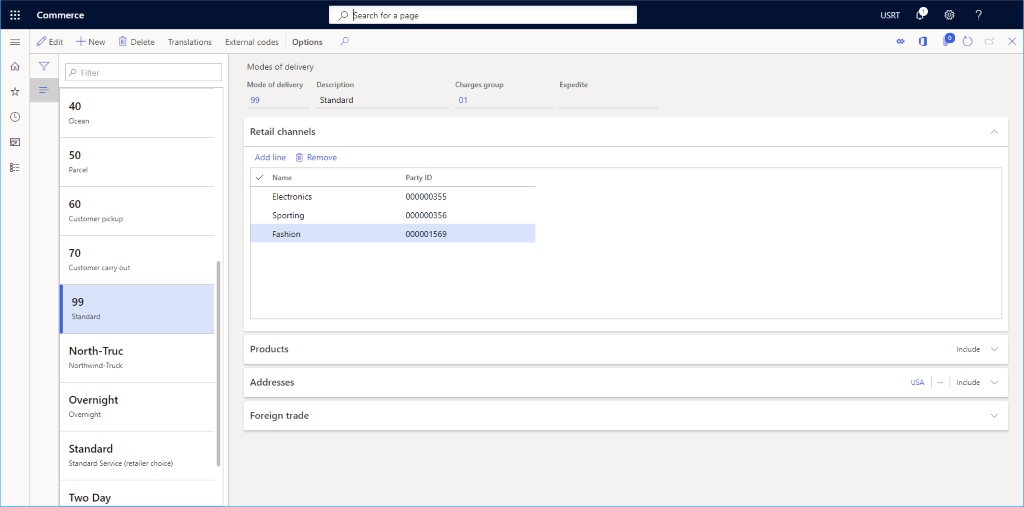 Captura de pantalla de la configuración de los modos de entrega.