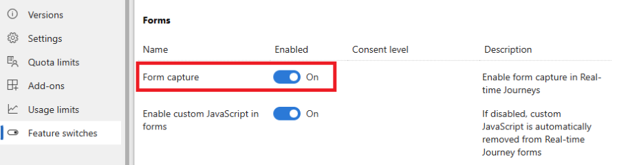 Activa a captura de formularios nos interruptores de funcións.