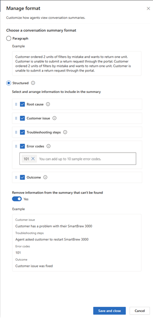 Captura de pantalla da configuración estruturada para o resumo da conversa