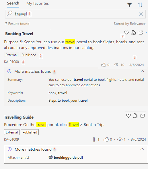 Captura de pantalla que mostra unha busca directa dun artigo de coñecemento en busca de coñecemento en servizo de atención ao cliente Hub.