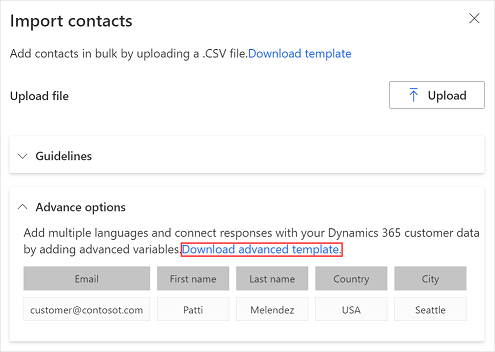 Descargar un modelo de CSV avanzado para crear unha lista de destinatarios Descarga un modelo CSV avanzado para crear unha lista de destinatarios.