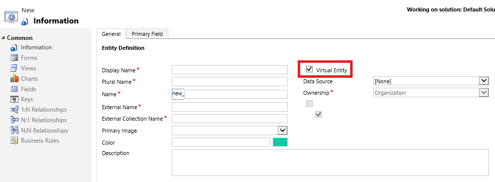 Opción de Entidade Virtual na definición da entidade.