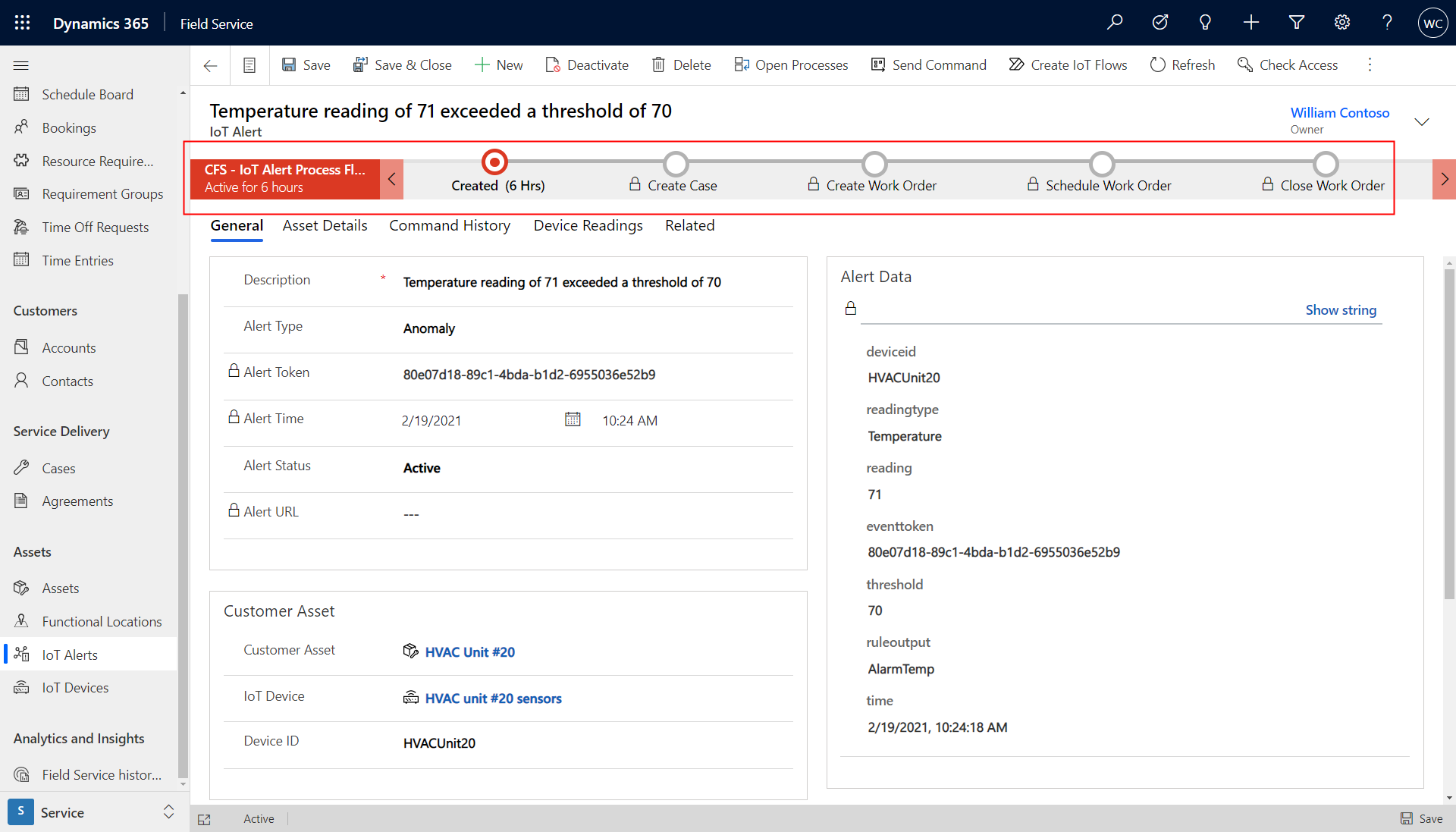 Captura de pantalla dunha alerta de IoT en Field Servive destacando o fluxo do proceso de negocio.