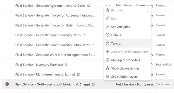 Power Apps mostrando o fluxo chamado Field Service - Notificar ao usuario sobre a reserva (aplicación UCI).