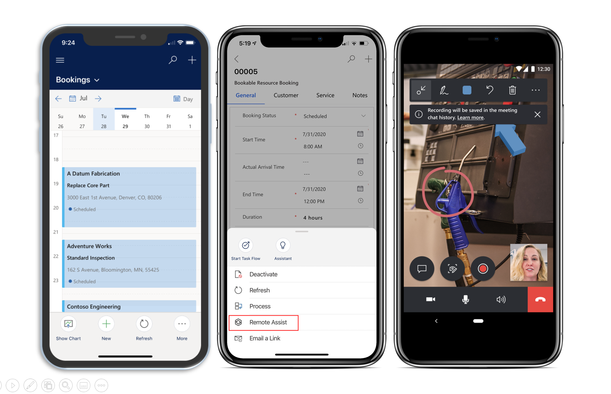 Captura de pantalla de catro dispositivos móbiles que mostra a aplicación móbil Field Service e o fluxo de traballo que mostra a opción de lanzamento Dynamics 365 Remote Assist .