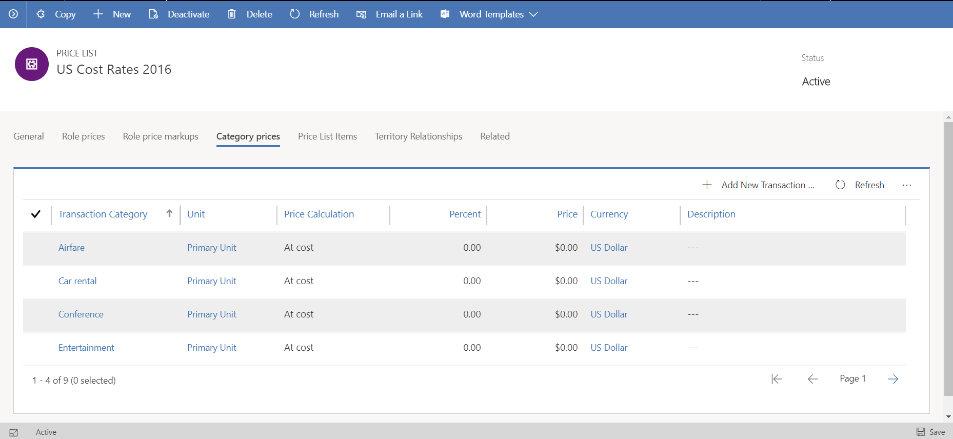 Configuración de prezos para as categorías de gastos.