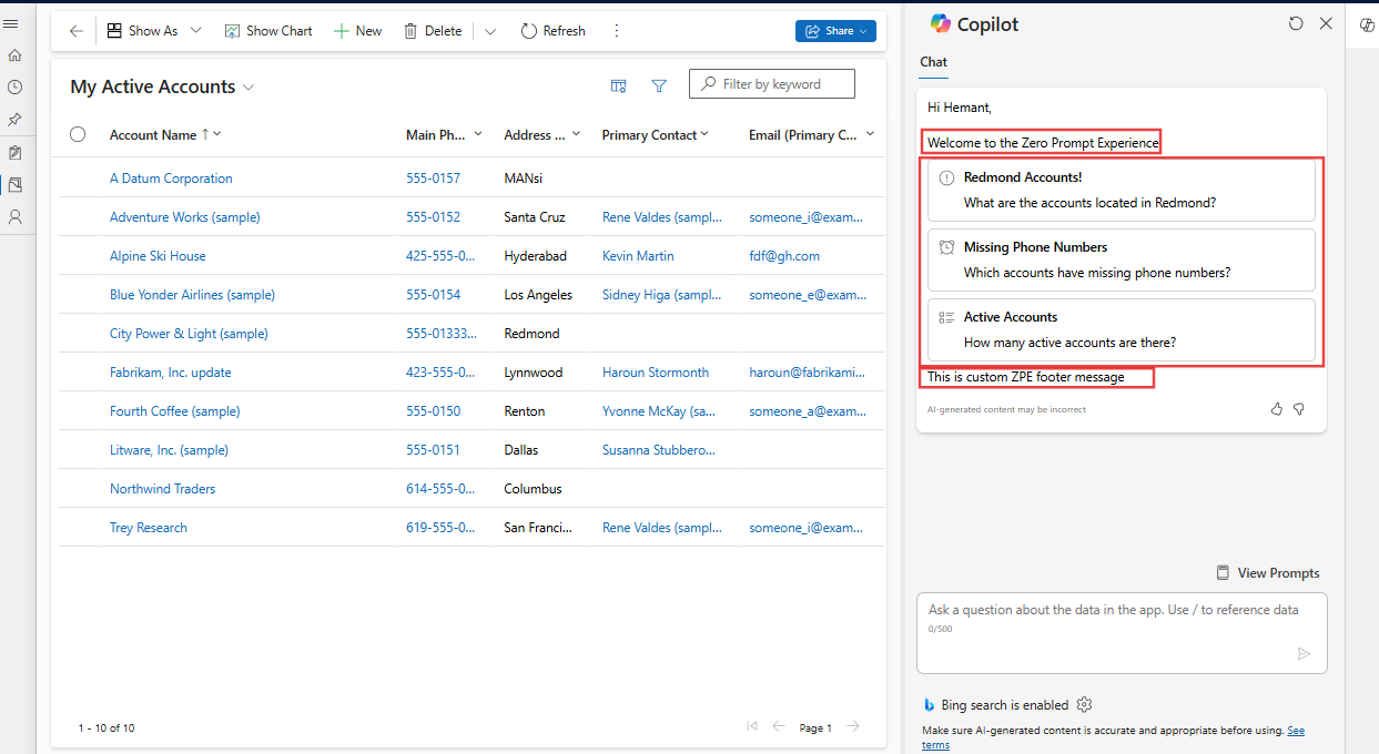 Captura de pantalla da tarxeta de experiencia cero en Copilot en Dynamics 365 Sales.