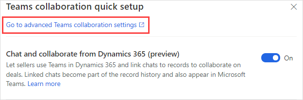 Ligazón de configuración avanzada no panel de configuración rápida para a colaboración de Teams.