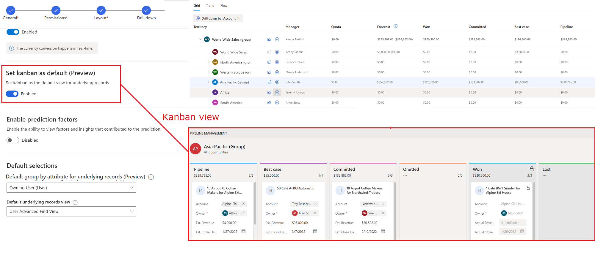 Captura de pantalla dunha previsión con Kanban definido como vista predeterminada e rexistros subxacentes mostrados na vista Kanban.