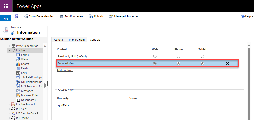 Captura de pantalla da configuración da vista enfocada como predeterminada para outras entidades.