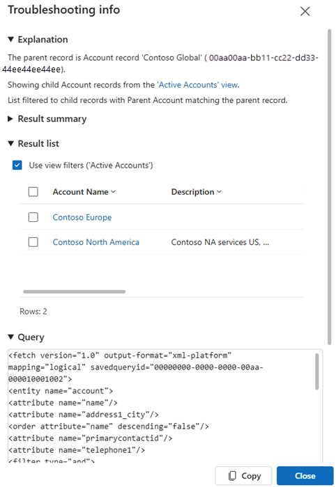 Captura de pantalla do diálogo de resolución de problemas de visualización de xerarquía.