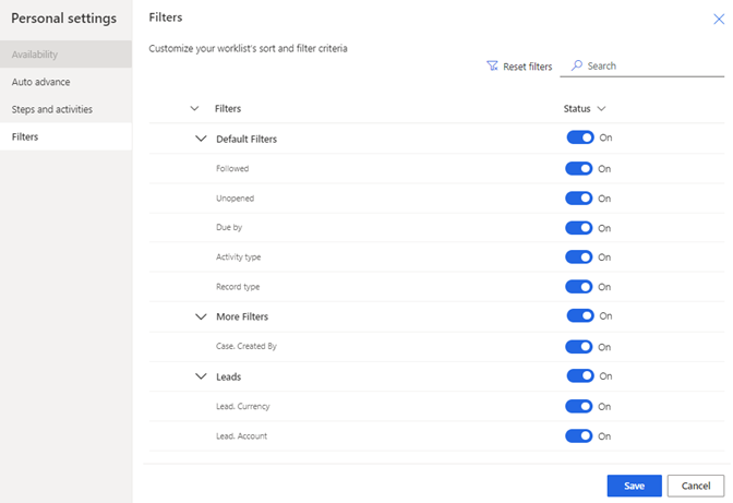 Selecciona filtros desde a configuración persoal.