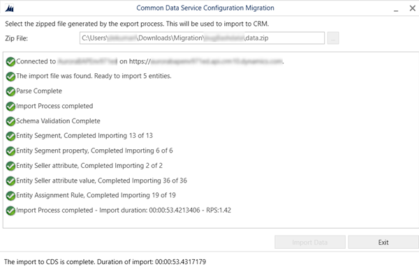 Captura de pantalla da importación exitosa do ficheiro de esquema ao contorno de destino.
