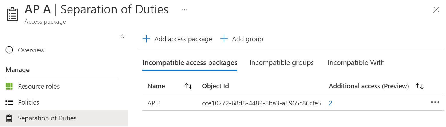 Captura de pantalla de un paquete de acceso marcado como incompatible con las asignaciones de acceso existentes.