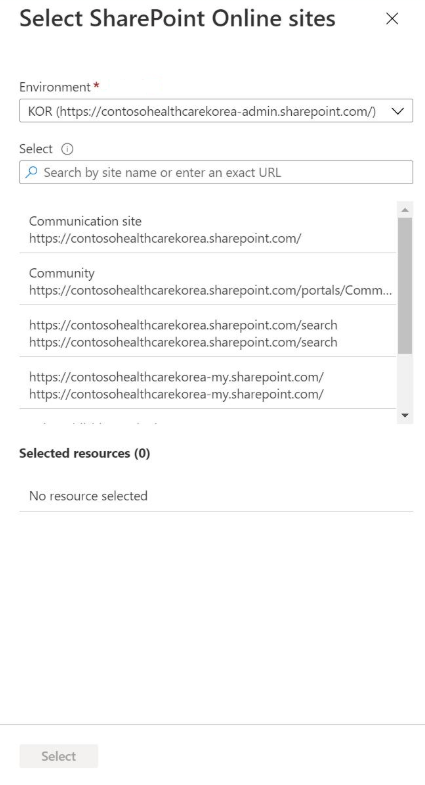 Captura de pantalla que muestra el panel Seleccionar sitios de SharePoint Online.