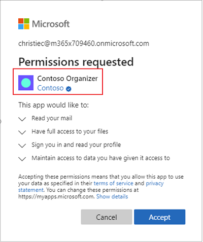 Captura de pantalla que muestra un ejemplo de la petición de consentimiento de la aplicación de Microsoft.