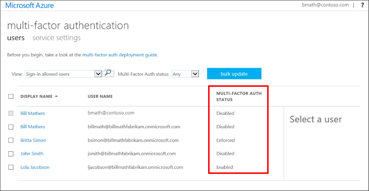 Captura de pantalla que muestra información de ejemplo del estado del usuario de la autenticación multifactor de Microsoft Entra