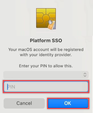 Captura de pantalla del registro de Platform SSO, en el que solicita al usuario que escriba su pin de tarjeta inteligente.