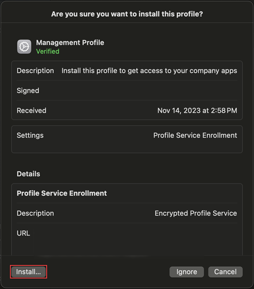 Captura de pantalla del mensaje para instalar el perfil de administración en la configuración.