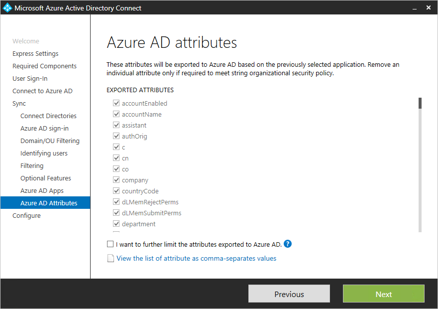 Screenshot showing optional Microsoft Entra attributes features.