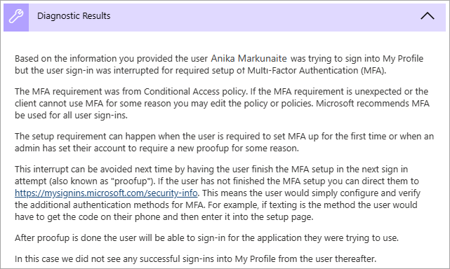 Screenshot of the diagnostic results for MFA proofup.