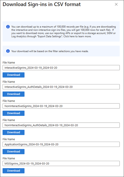 Captura de pantalla de las opciones de descarga de los registros de inicio de sesión.