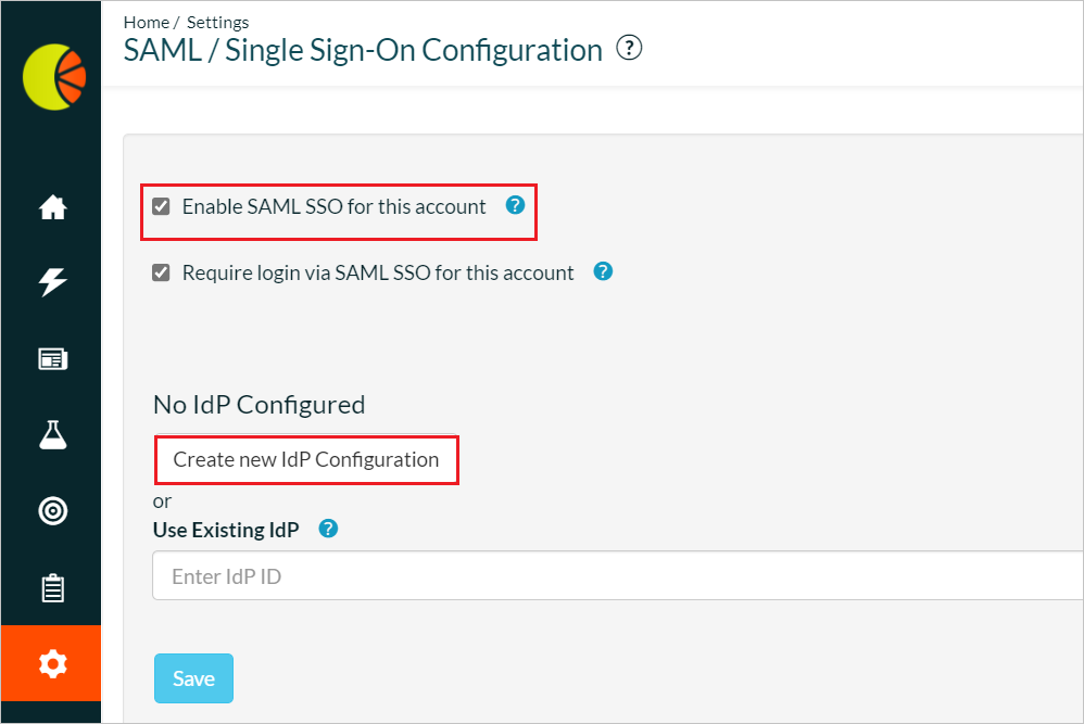 Configuración Captura de pantalla que muestra cómo crear una nueva configuración de IdP.