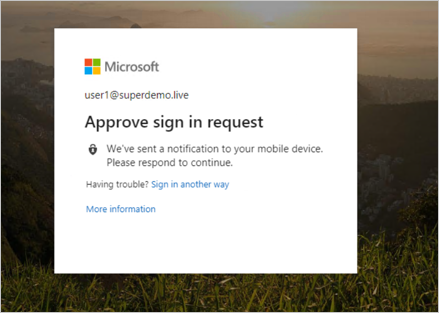 Captura de pantalla del mensaje: Aprobar la solicitud de inicio de sesión. Enviamos una notificación a su dispositivo móvil. Responda para continuar.