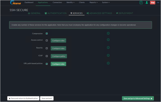 Captura de pantalla de la pestaña Servicios de la consola de Akamai EAA para SSH-SECURE que muestra el botón Guardar e ir a configuración avanzada en la esquina inferior derecha.