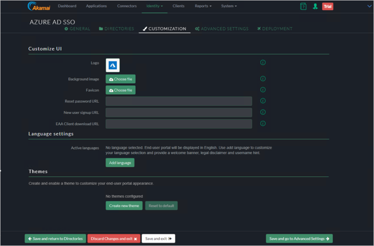 Captura de pantalla de la pestaña de personalización de la consola de Akamai EAA que muestra la configuración para personalizar la interfaz de usuario, la configuración de idioma y los temas.