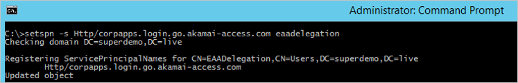 Captura de pantalla de un símbolo del sistema de administrador que muestra los resultados del comando setspn -s Http/corpapps.login.go.akamai-access.com eaadelegation.