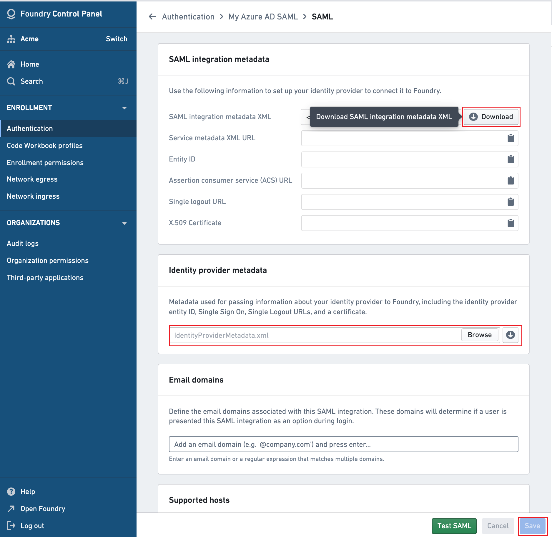 Screenshot for Add SAML configuration.