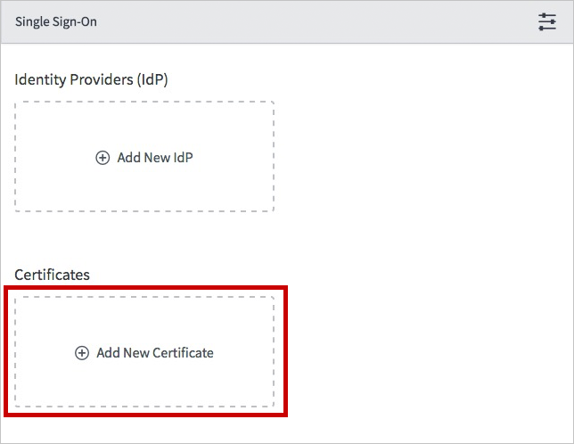 Configurar inicio de sesión único Captura de pantalla del cuadro de diálogo Inicio de sesión único con Add New Certificate (Agregar nuevo certificado) resaltado