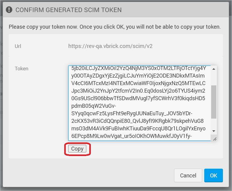 Captura de pantalla de la configuración de seguridad del usuario de Vbrick Rev con la sección Token SCIM resaltada.