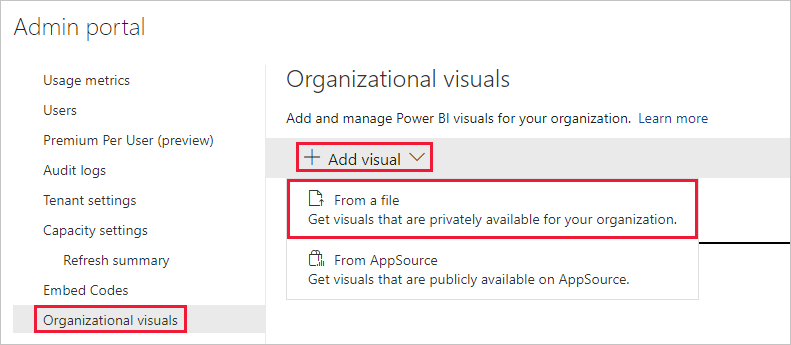 Captura de pantalla que muestra el menú Objetos visuales de la organización en la configuración de administración de Power BI. La opción 