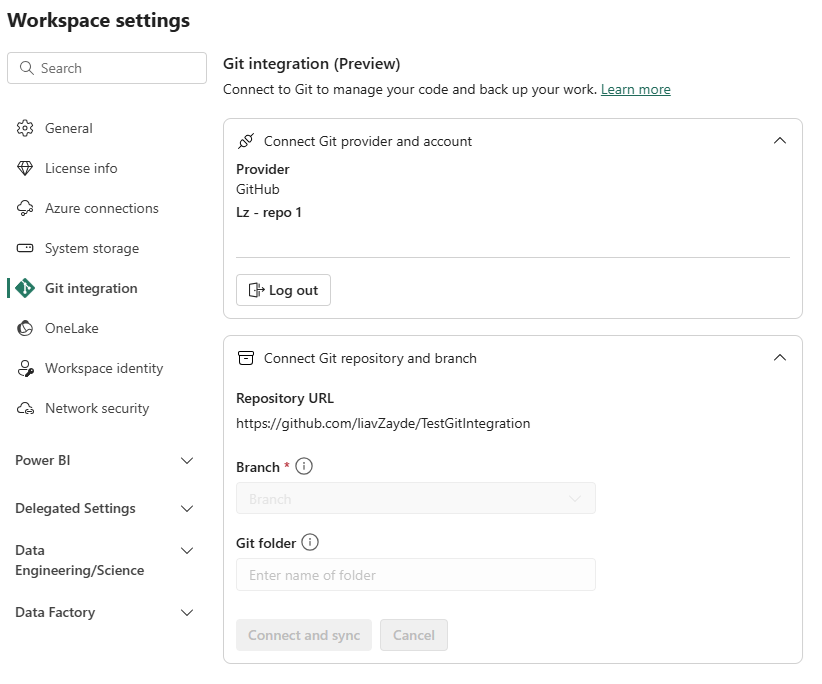 Captura de pantalla de la conexión a GitHub.
