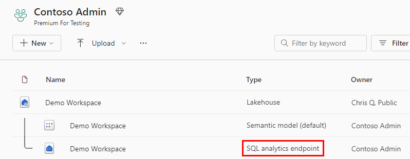 Captura de pantalla que muestra el tipo de punto de conexión de SQL Analytics en el área de trabajo.